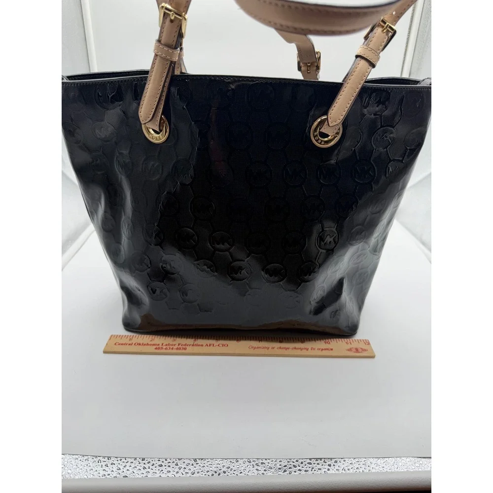 Michael Kors Black Patent Leather Monogram Tote Bag Gold‎ Hardware